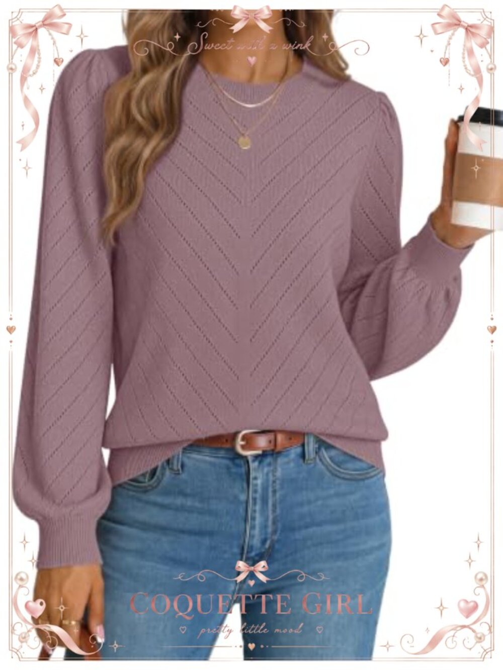 Women's Lightweight Balloon Sleeve Crewneck Eyelet Knit Pullover Sweater
